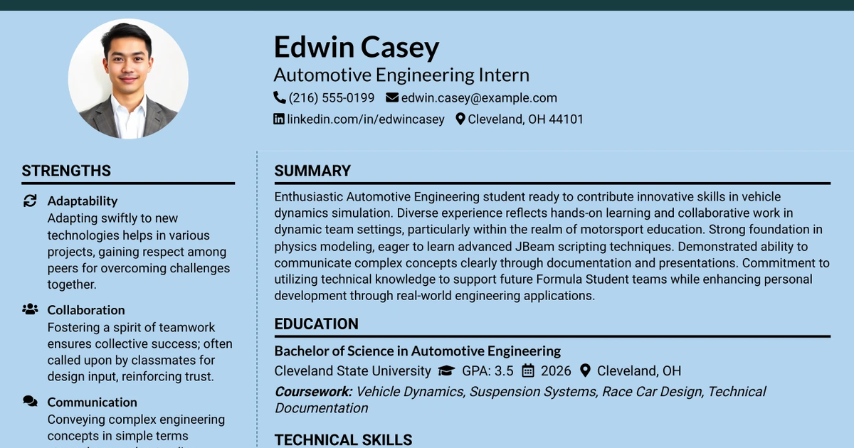 33 Automotive Engineering Intern Resume Templates with Example 2026 (ATS-Optimized)