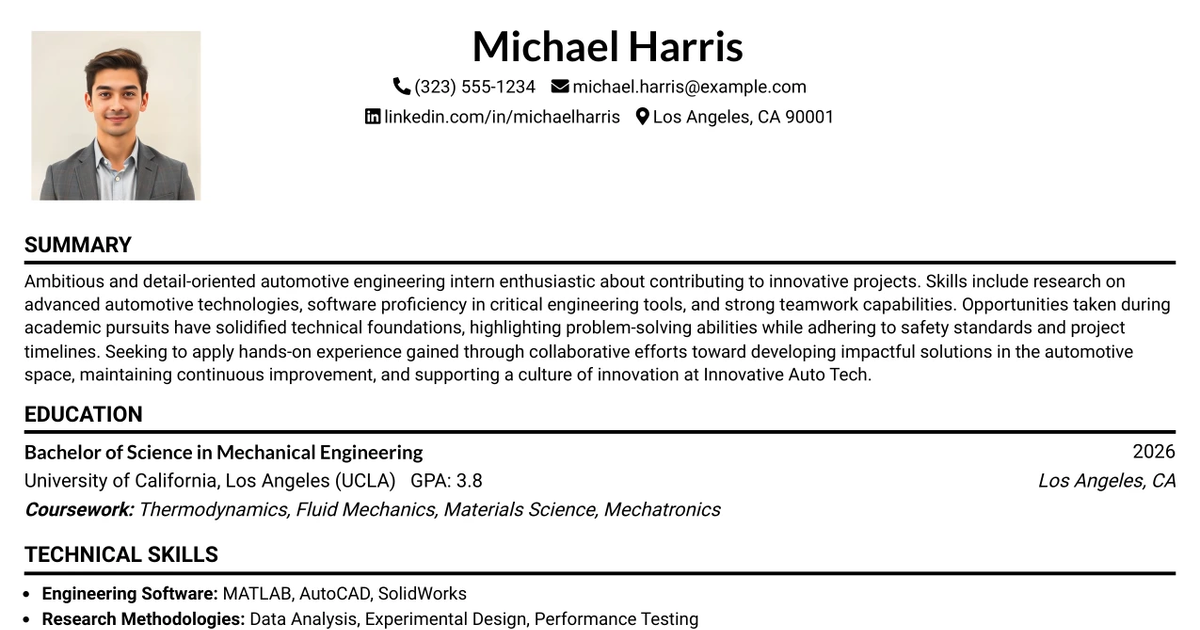 33 Automotive Engineering Internship Resume Templates with Example 2026 (ATS-Optimized)