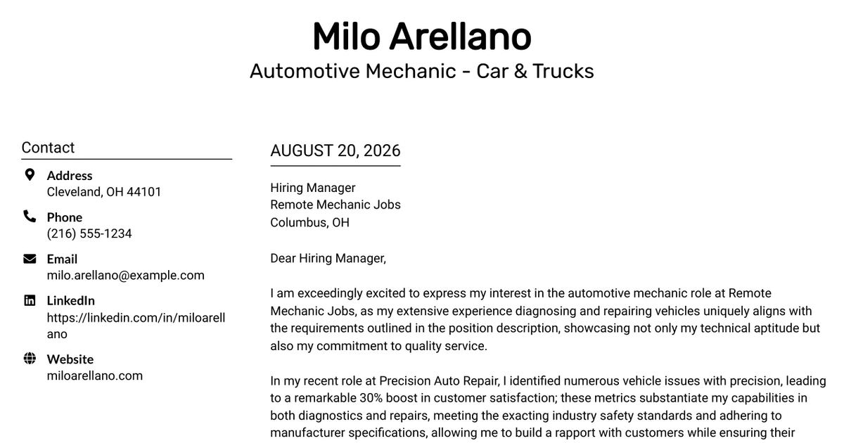 30+ Automotive Mechanic - Car & Trucks Cover Letter Templates with Example 2026
