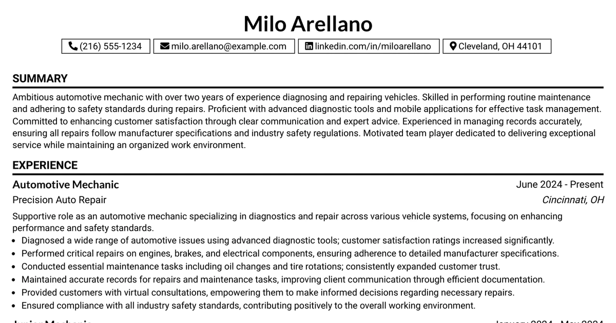 33 Automotive Mechanic - Car & Trucks Resume Templates with Example 2026 (ATS-Optimized)