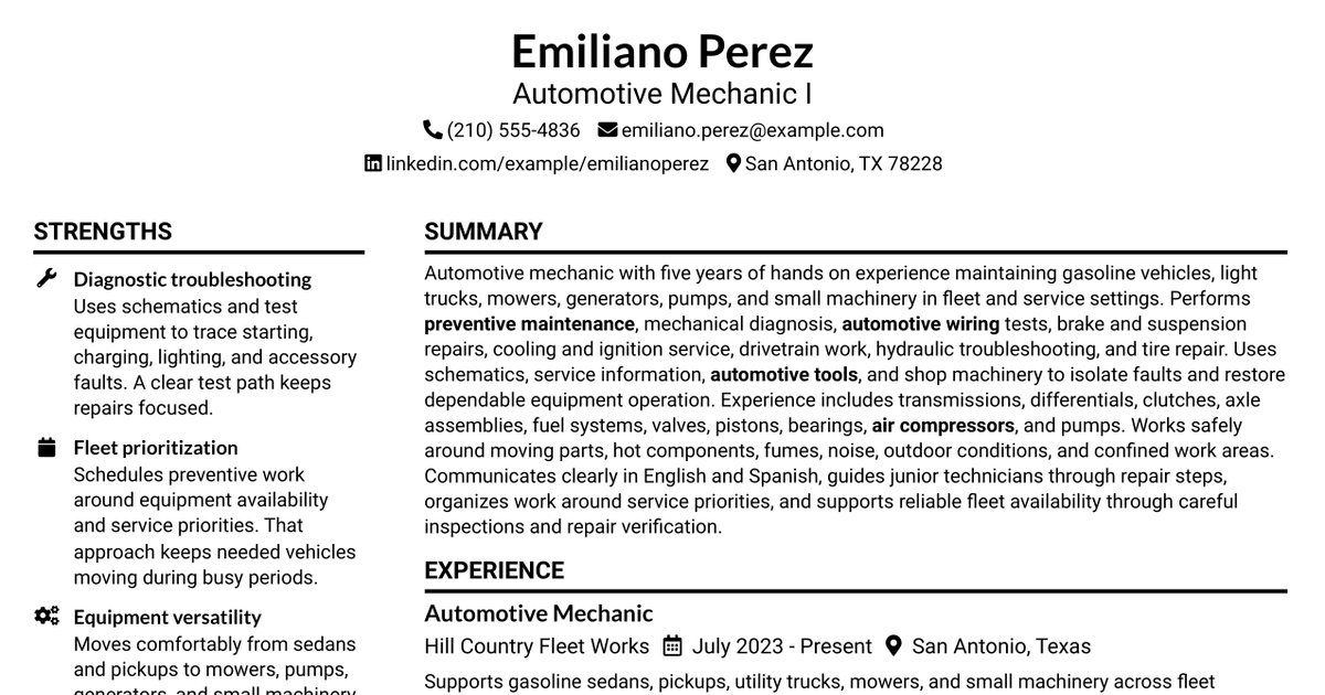 7 Automotive Mechanic I Resume Templates with Example