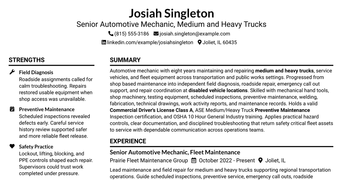 7 Automotive Mechanic - Medium / Heavy Trucks Resume Templates with Example
