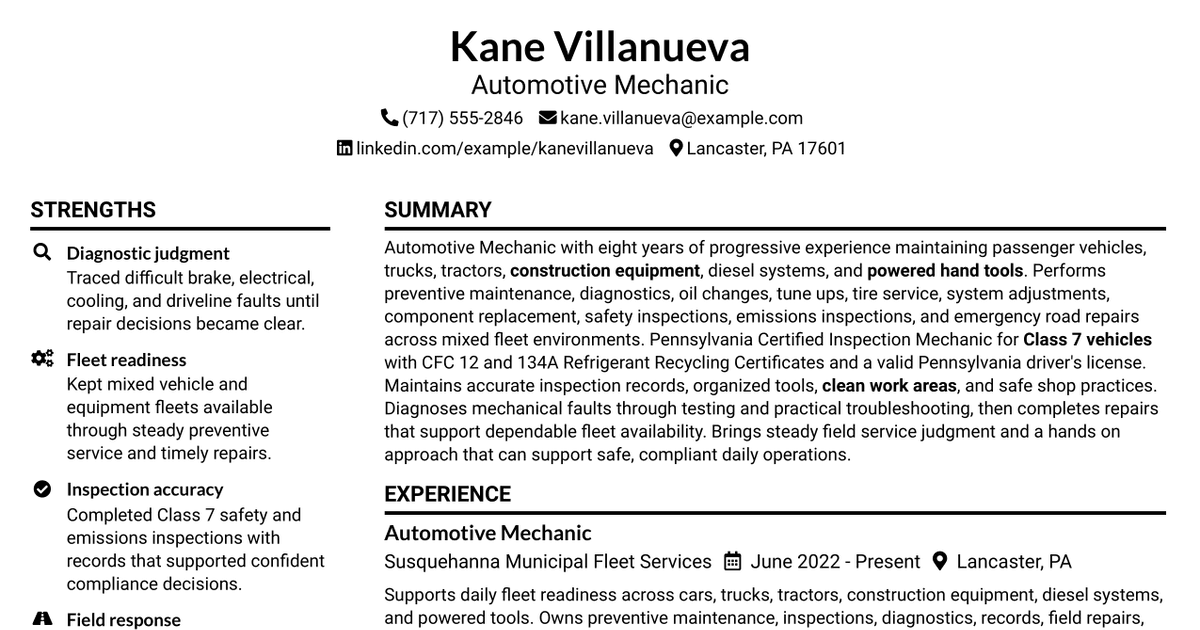 7 Automotive Mechanic Resume Templates with Example