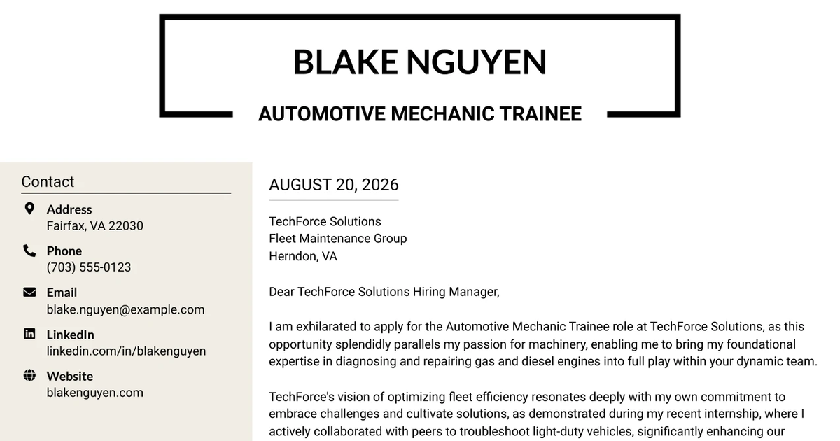 30+ Automotive Mechanic Trainee Cover Letter Templates with Example 2026