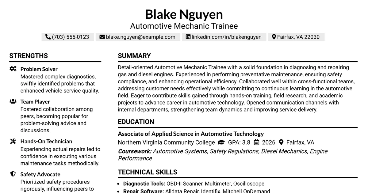 33 Automotive Mechanic Trainee Resume Templates with Example 2026 (ATS-Optimized)