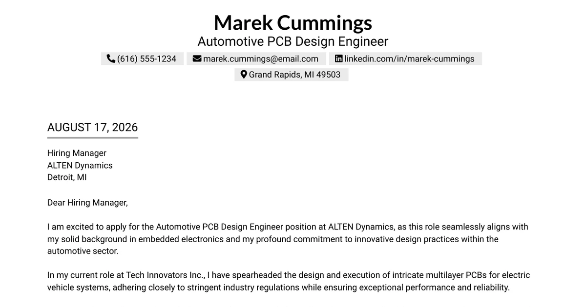 30+ Automotive PCB Design Engineer Cover Letter Templates with Example 2026