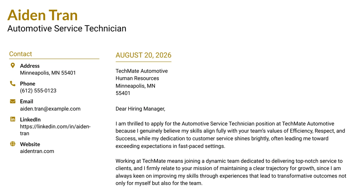 30+ Automotive Service Technician Cover Letter Templates with Example 2026
