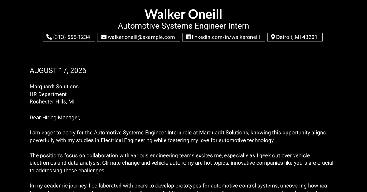 30+ Automotive Systems Engineer Intern Cover Letter Templates with Example 2026