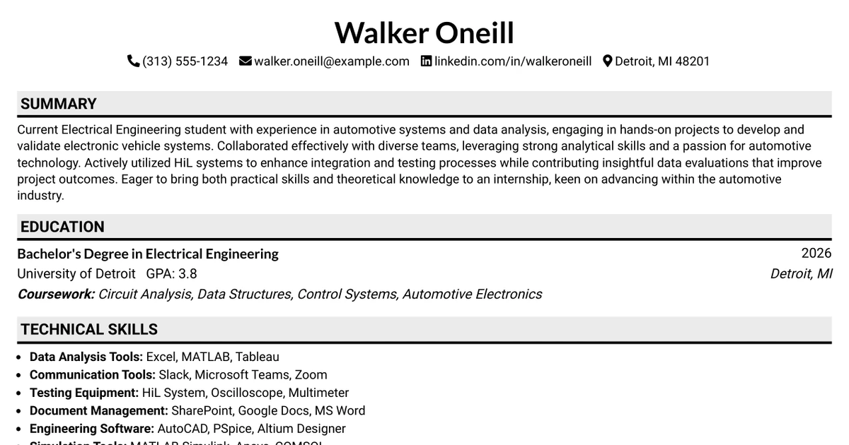 33 Automotive Systems Engineer Intern Resume Templates with Example 2026 (ATS-Optimized)