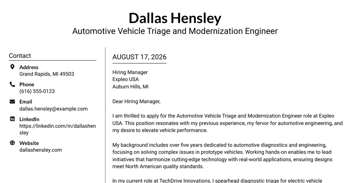 30+ Automotive Vehicle Triage and Modernization Engineer Cover Letter Templates with Example 2026