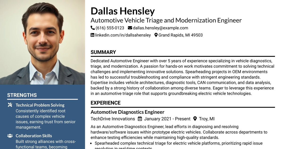33 Automotive Vehicle Triage and Modernization Engineer Resume Templates with Example 2026 (ATS-Optimized)