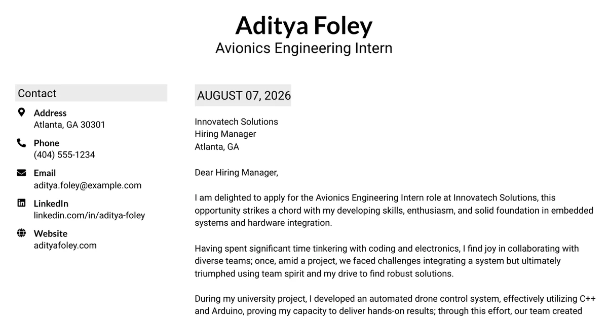 30+ Avionics Engineering Intern Cover Letter Templates with Example 2026