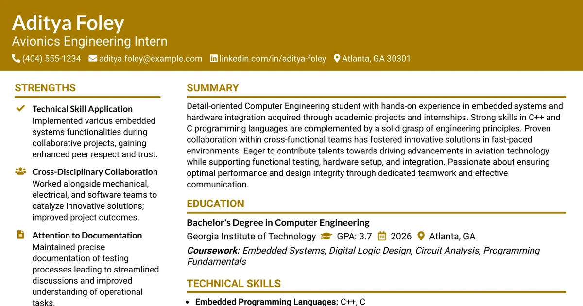 33 Avionics Engineering Intern Resume Templates with Example 2026 (ATS-Optimized)
