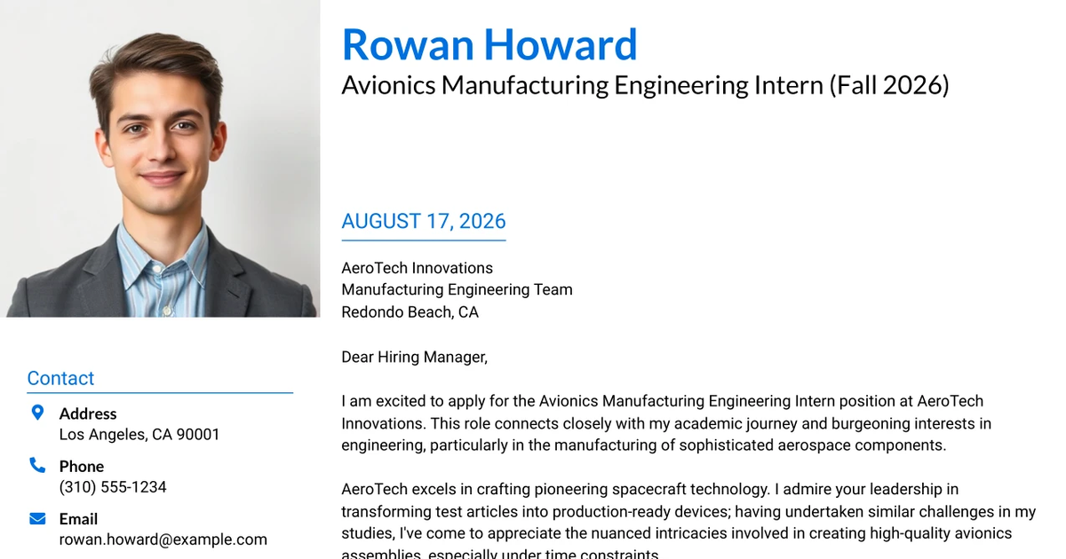 30+ Avionics Manufacturing Engineering Intern (Fall 2026) Cover Letter Templates with Example 2026