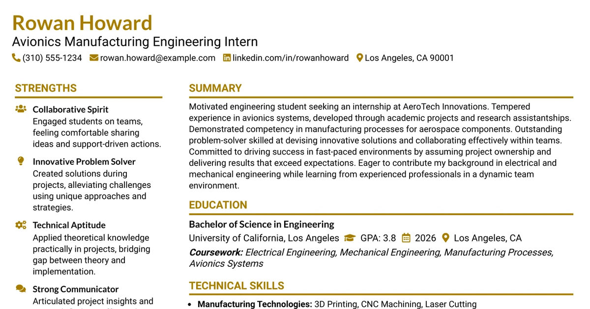 33 Avionics Manufacturing Engineering Intern (Fall 2026) Resume Templates with Example 2026 (ATS-Optimized)