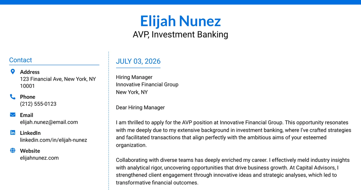 30+ AVP, Investment Banking Cover Letter Templates with Example 2026