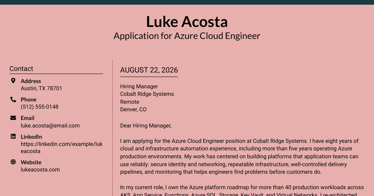 30+ Azure Cloud Engineer Cover Letter Templates with Example 2026