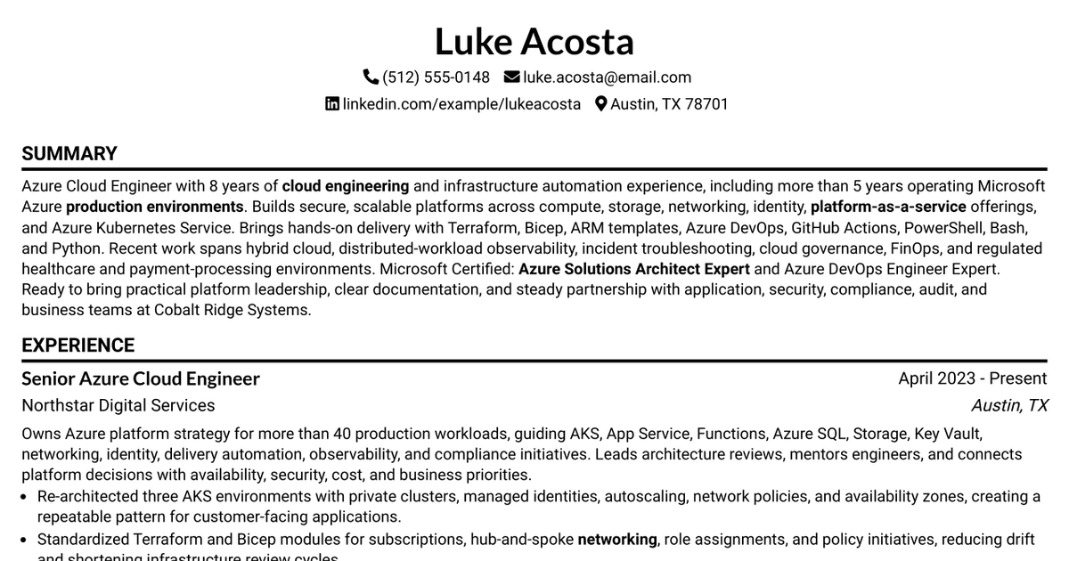33 Azure Cloud Engineer Resume Templates with Example