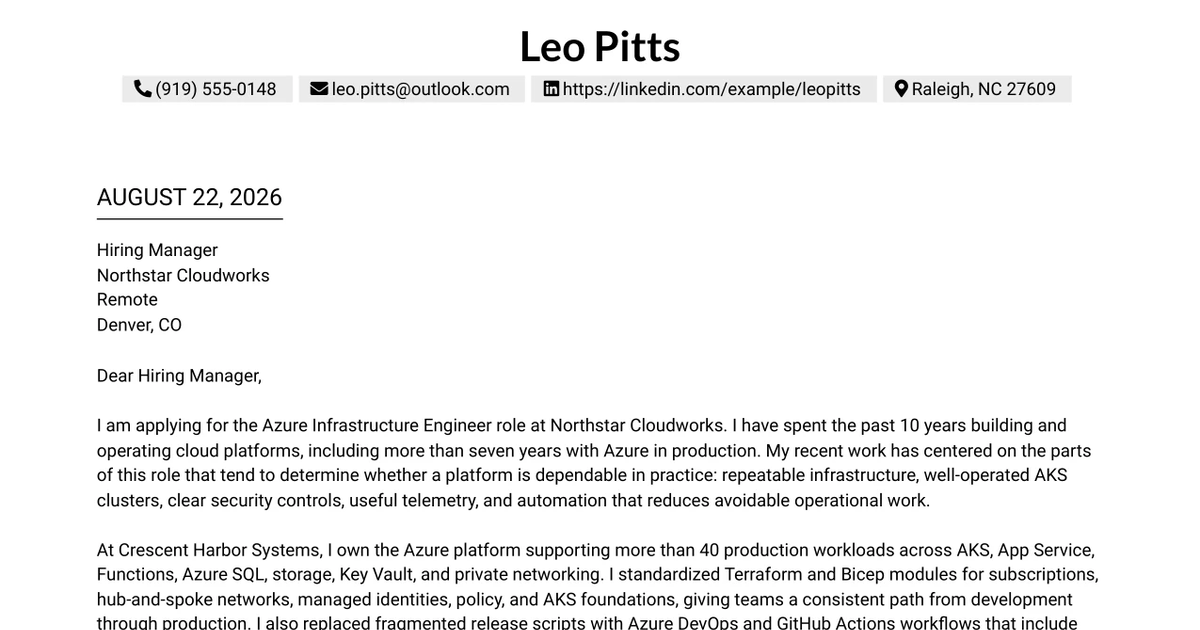 30+ Azure Infrastructure Engineer Cover Letter Templates with Example 2026