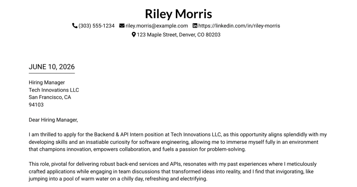 30+ Backend & API Intern Cover Letter Templates with Example 2026