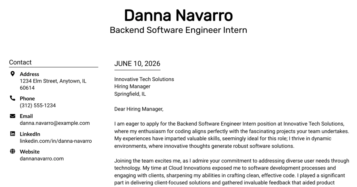 30+ Backend Software Engineer Intern Cover Letter Templates with Example 2026