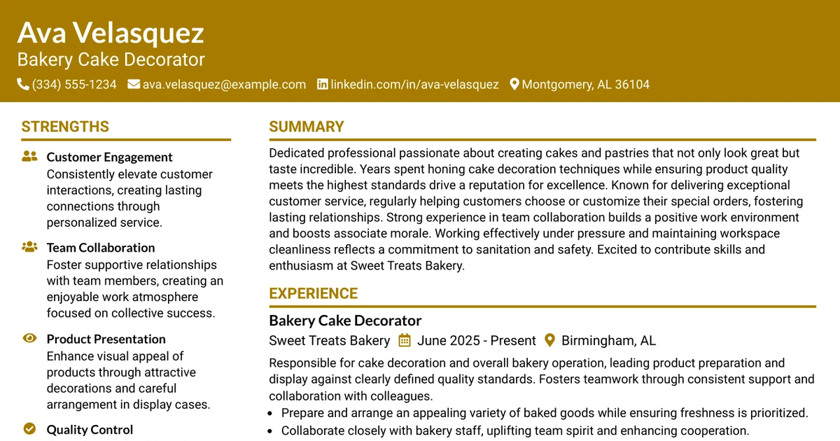 33 Bakery Cake Decorator Resume Templates with Example 2026 (ATS-Optimized)