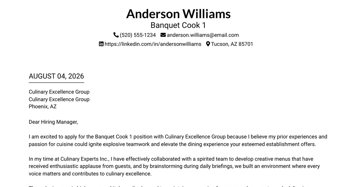 30+ Banquet Cook 1 Cover Letter Templates with Example 2026
