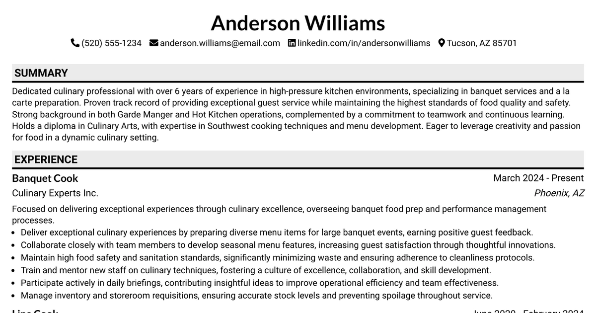 33 Banquet Cook 1 Resume Templates with Example 2026 (ATS-Optimized)