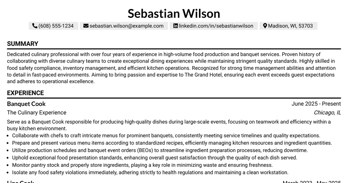 33 Banquet Cook III Resume Templates with Example 2026 (ATS-Optimized)