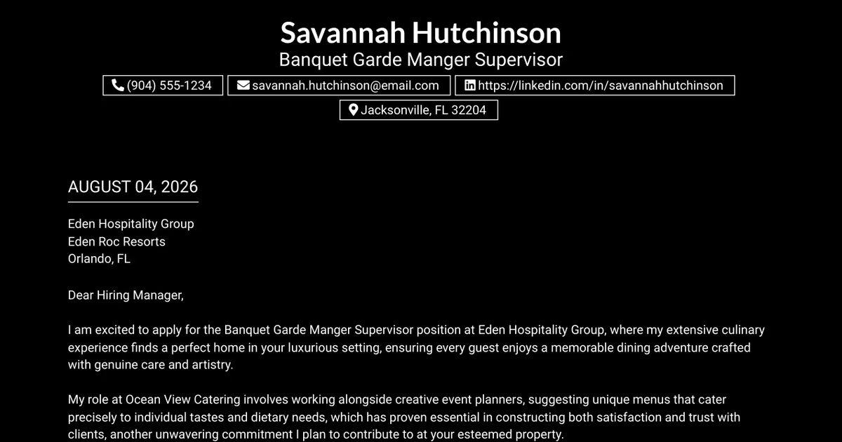 30+ Banquet Garde Manger Supervisor Cover Letter Templates with Example 2026