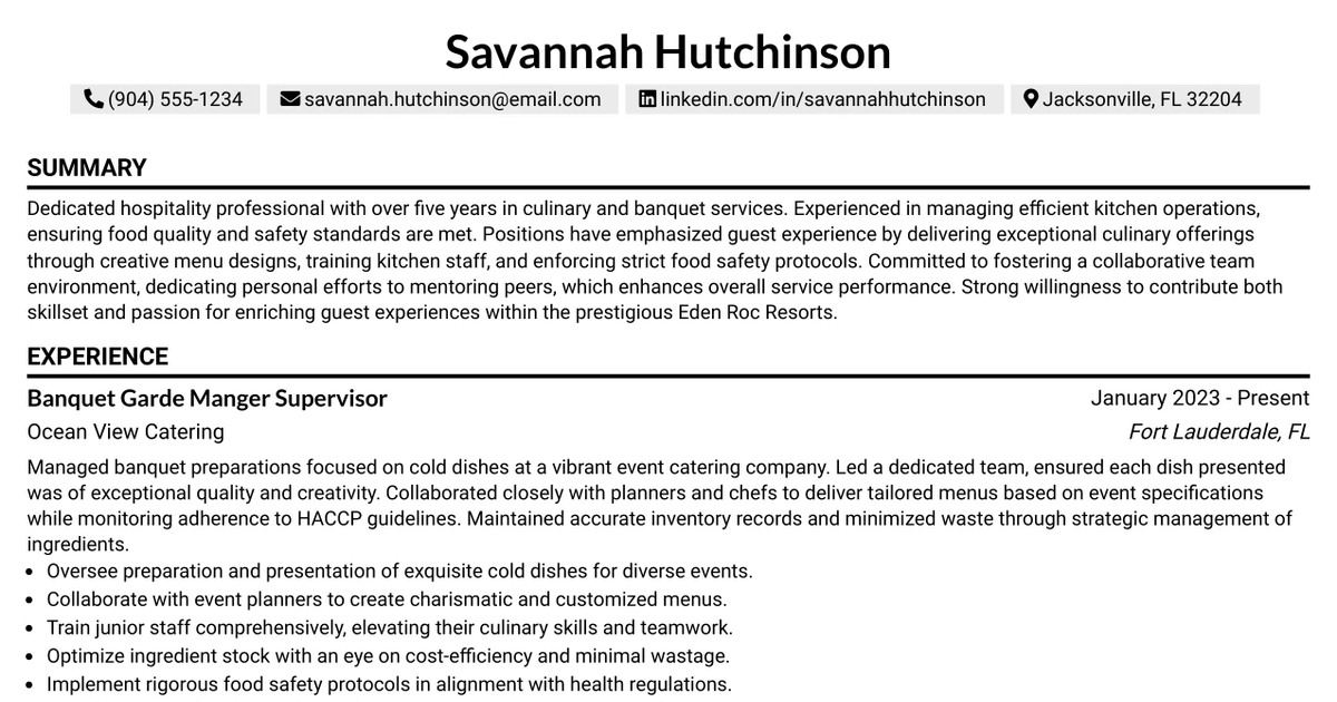 33 Banquet Garde Manger Supervisor Resume Templates with Example 2026 (ATS-Optimized)