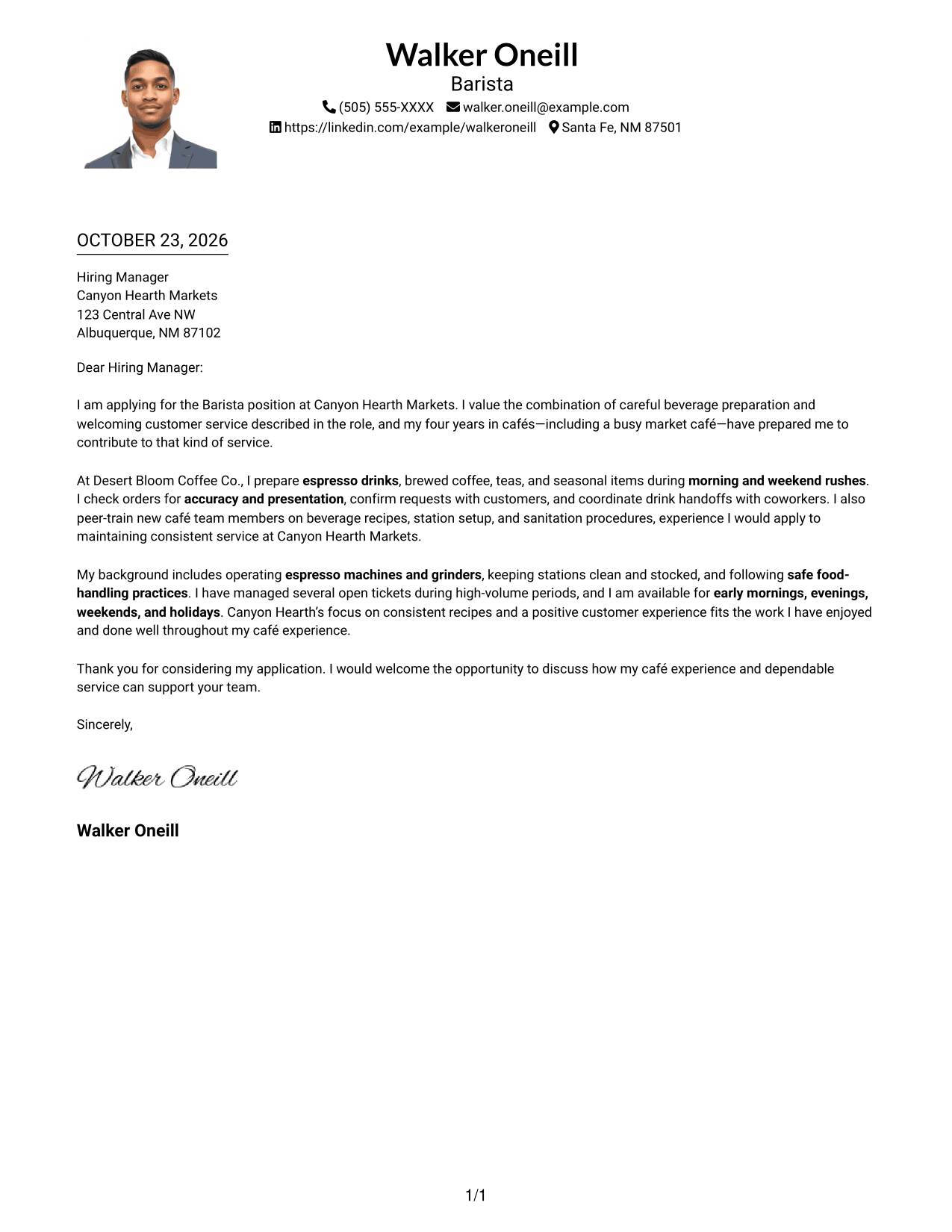 Cover letter example — page 1