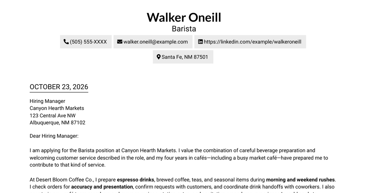 7 Barista - Coffee and Espresso Service Cover Letter Templates with Example