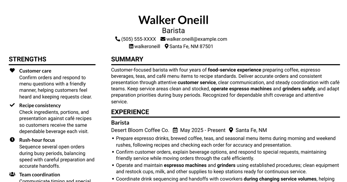 7 Barista - Coffee and Espresso Service Resume Templates with Example