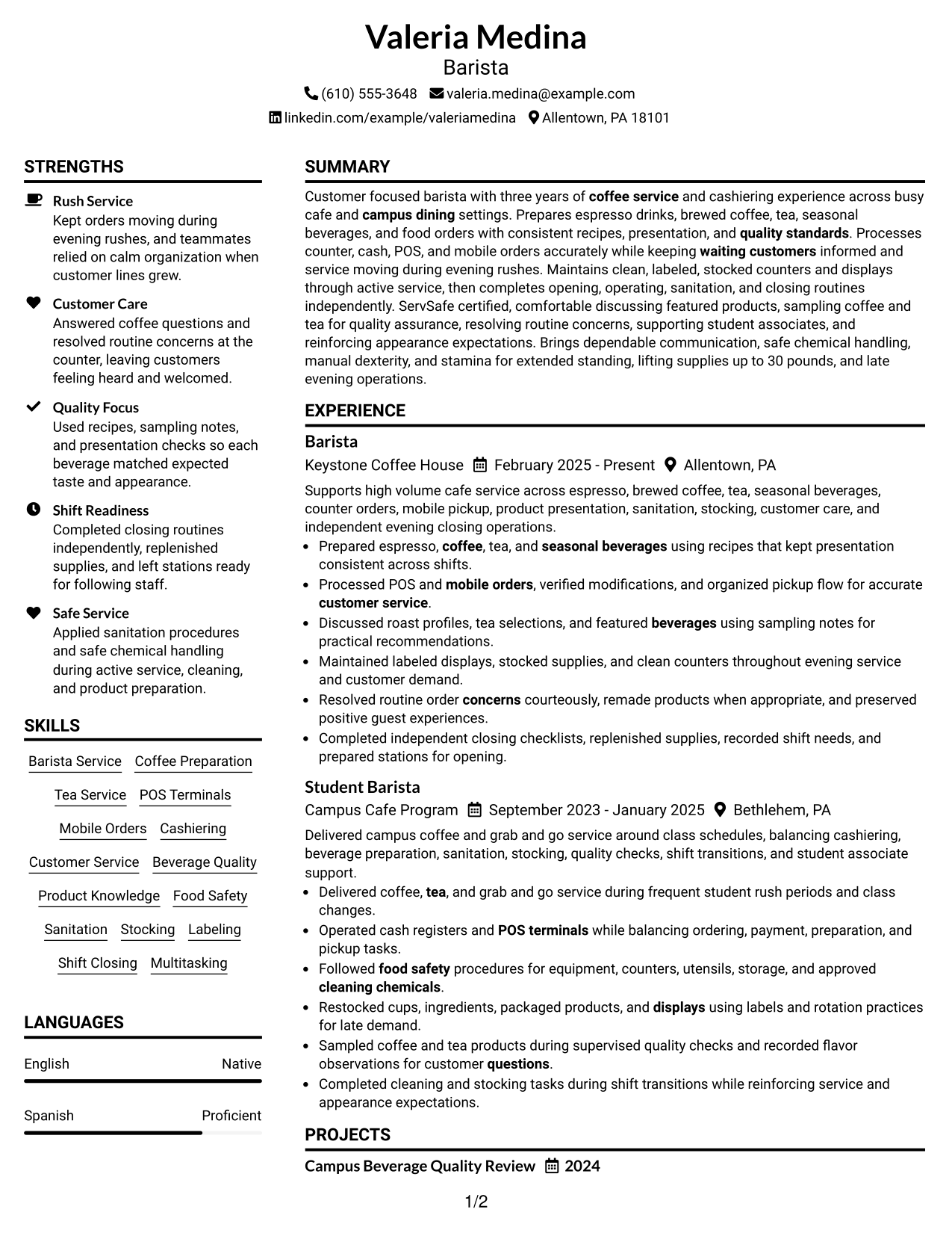 Resume Example Page 1