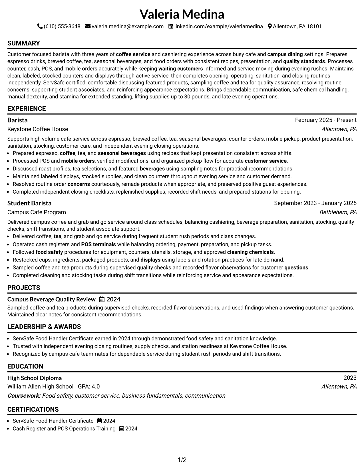 Resume Example Page 1