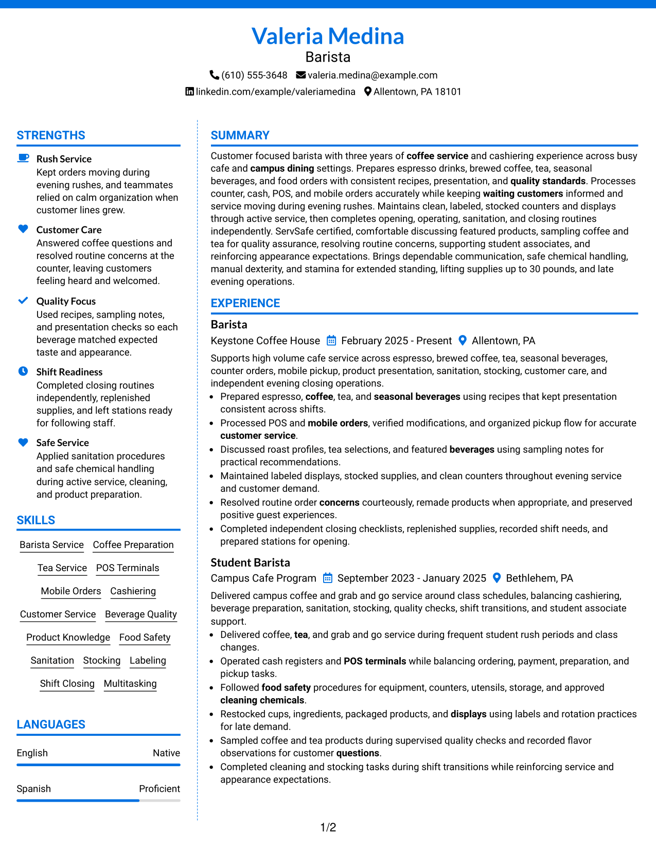 Resume Example Page 1