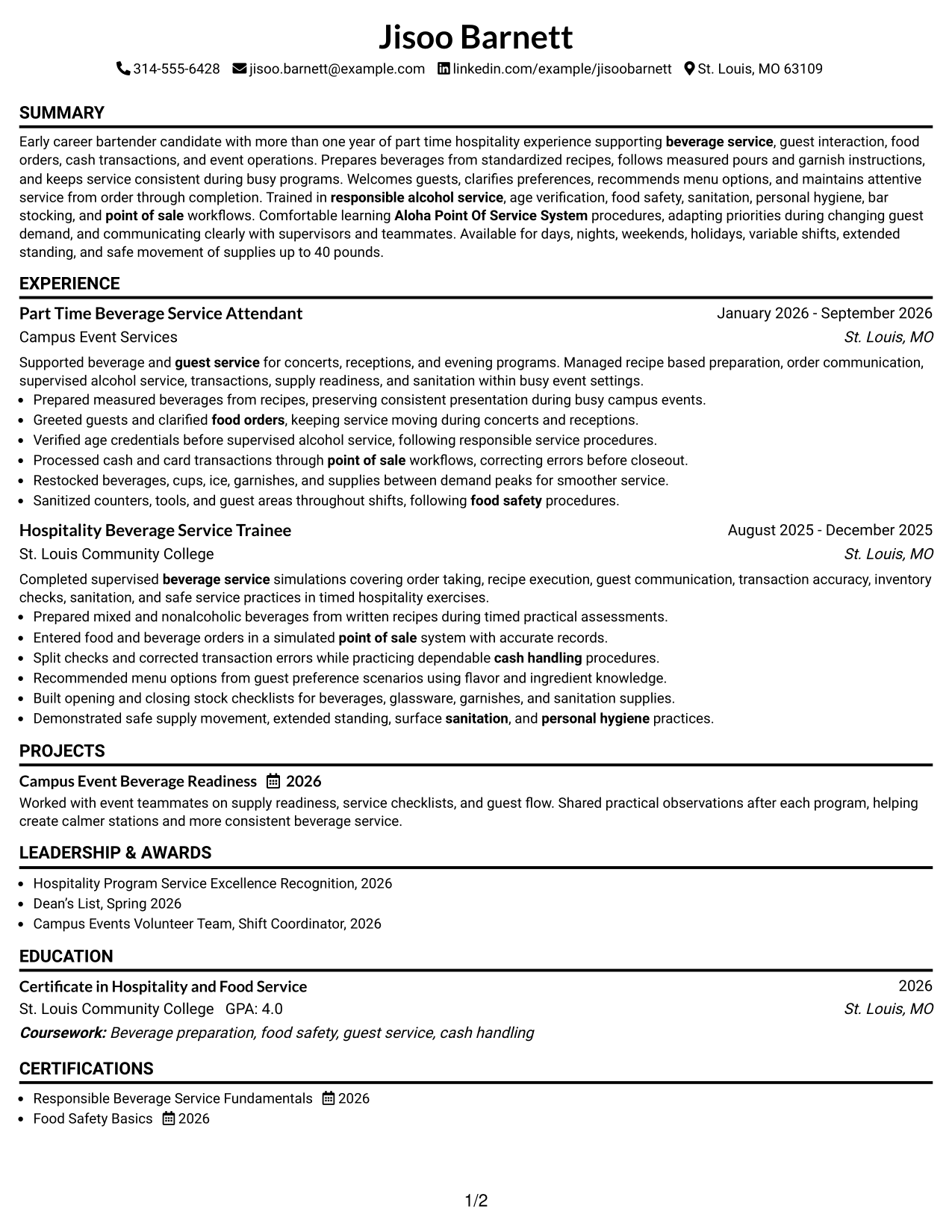 Resume Example Page 1