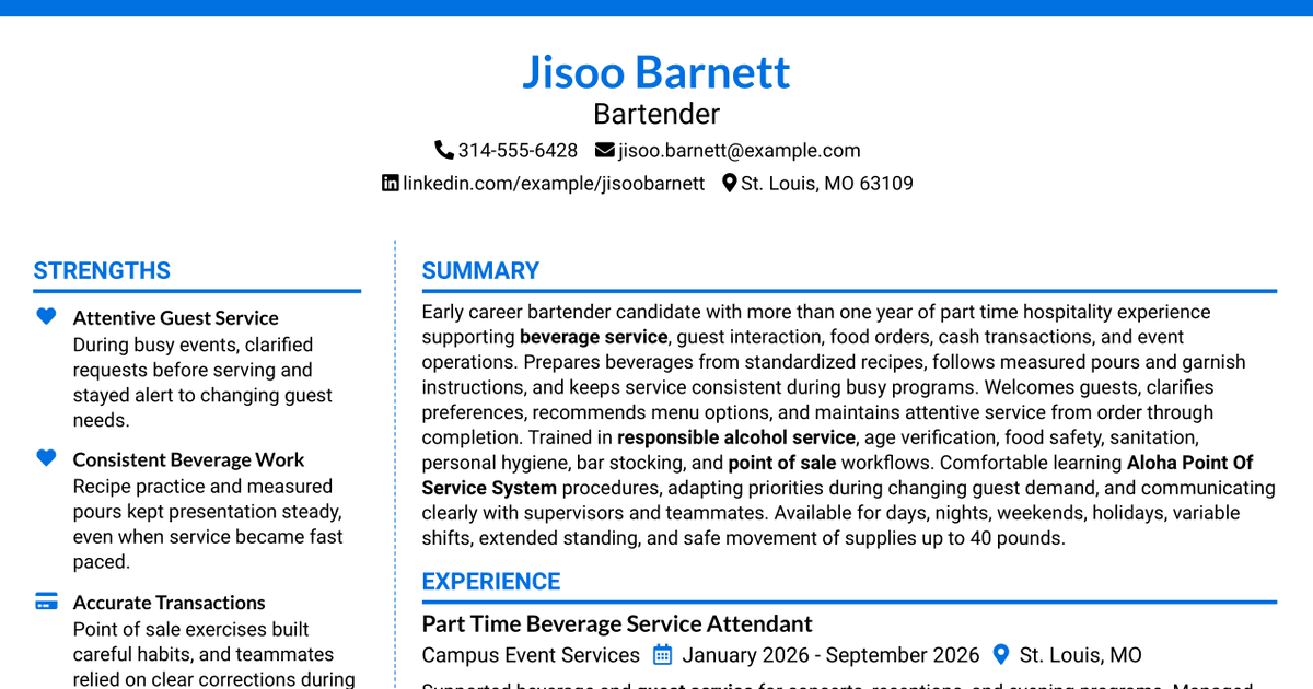 7 Bartender Resume Templates with Example
