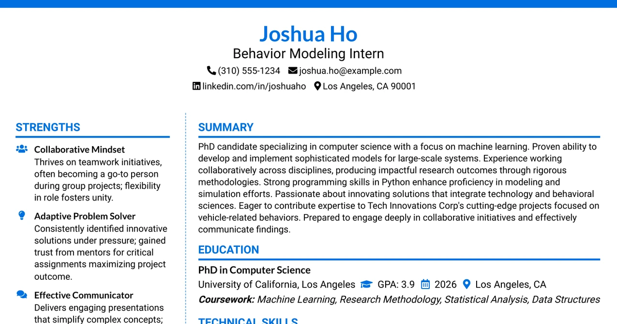 33 Behavior Modeling Intern Resume Templates with Example 2026 (ATS-Optimized)