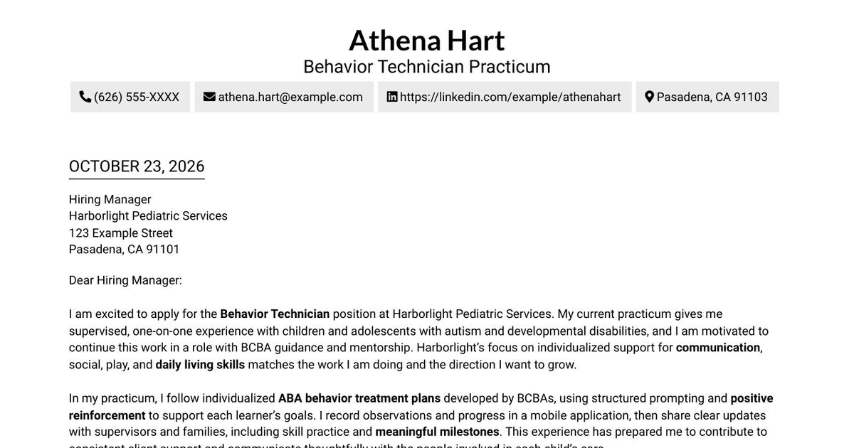 7 Behavior Technician - Applied Behavior Analysis Cover Letter Templates with Example