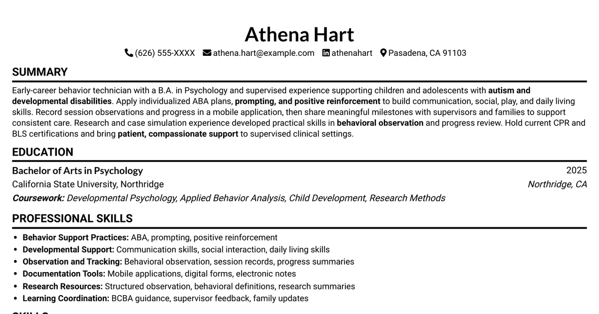 7 Behavior Technician - Applied Behavior Analysis Resume Templates with Example