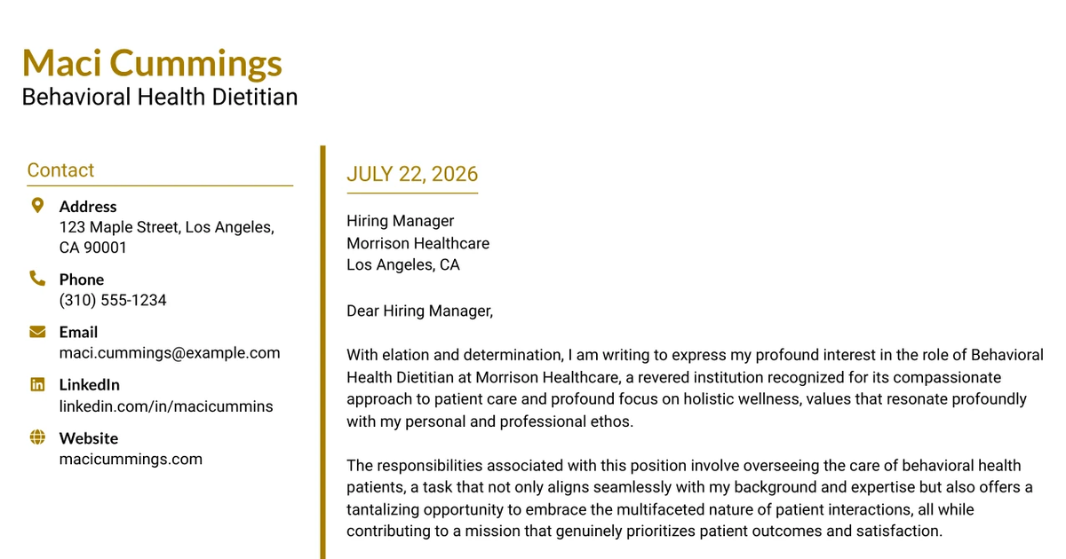 30+ Behavioral Health Dietitian Cover Letter Templates with Example 2026