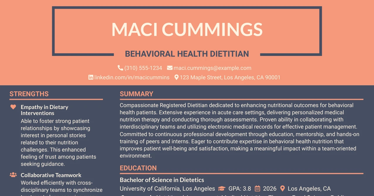 33 Behavioral Health Dietitian Resume Templates with Example 2026 (ATS-Optimized)