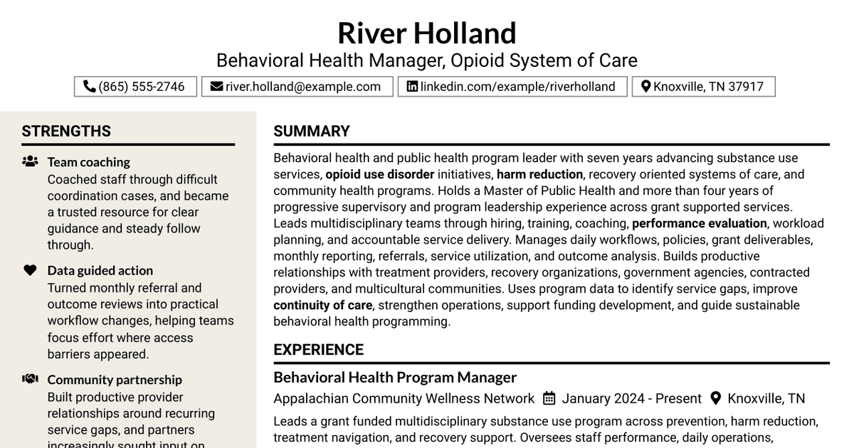 7 Behavioral Health Manager 1 (Opioid System of Care) Resume Templates with Example