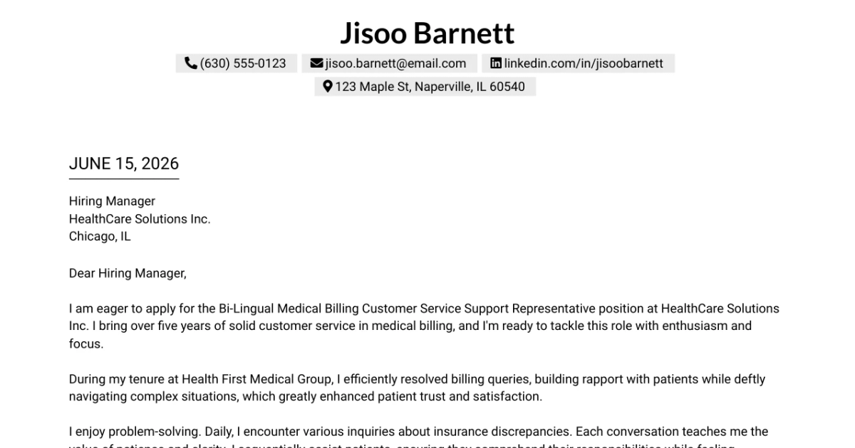 30+ Bi-Lingual Medical Billing Customer Service Support Representative Cover Letter Templates with Example 2026