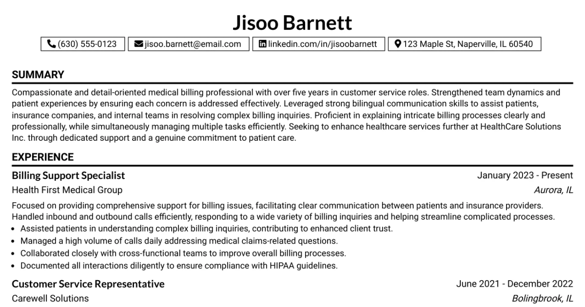 33 Bi-Lingual Medical Billing Customer Service Support Representative Resume Templates with Example 2026