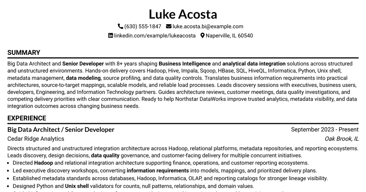 33 Big Data Architect / Senior Developer Resume Templates with Example 2026 (ATS-Optimized)