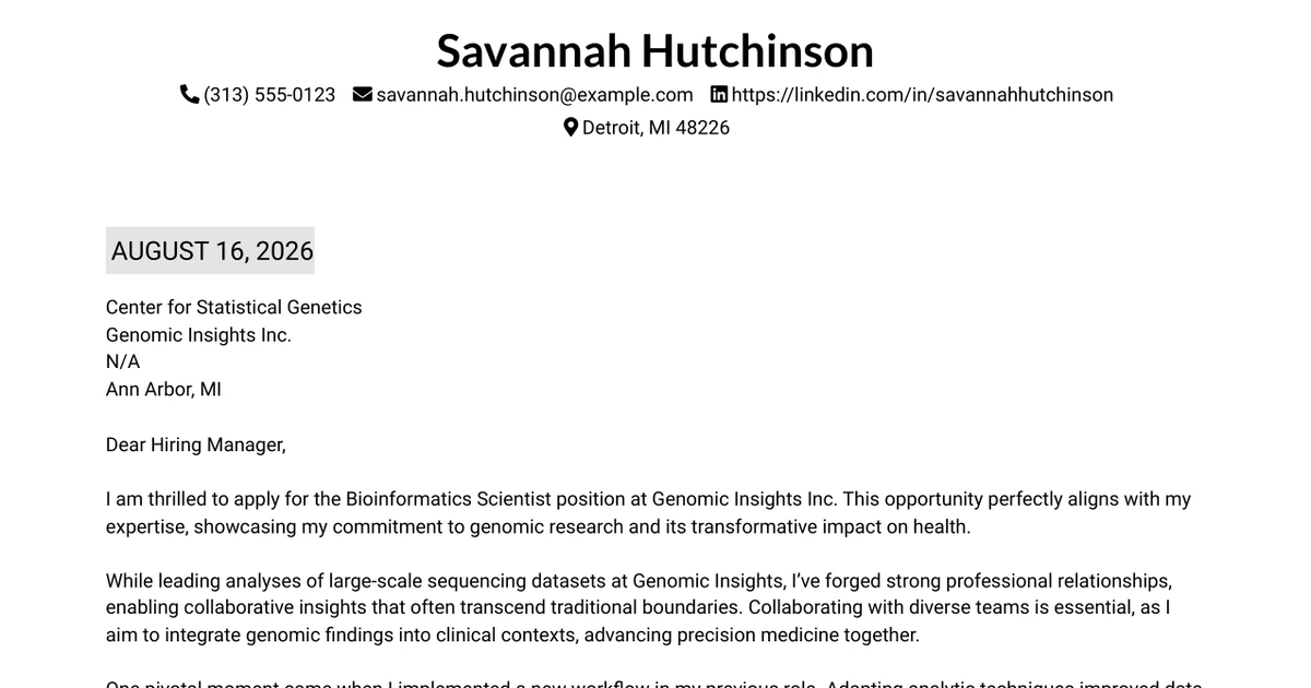 30+ Bioinformatics Scientist / Computational Biologist Cover Letter Templates with Example 2026