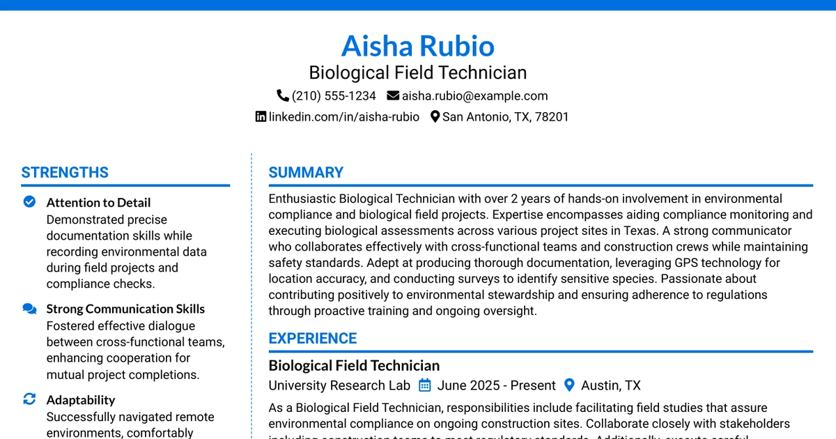 33 Biological Field Technician Resume Templates with Example 2026 (ATS-Optimized)